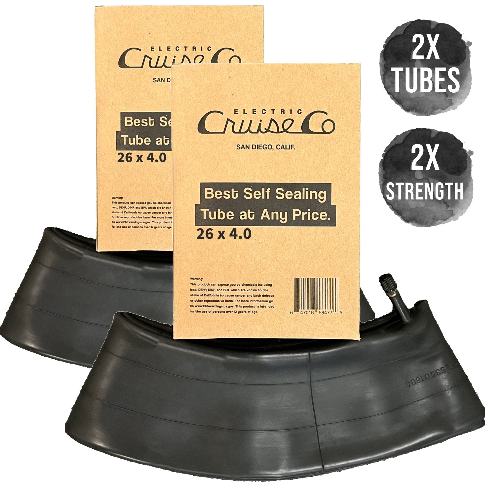 Product image showing a 2-pack of 26x4 fat tire self-sealing bicycle tubes for e-bikes, labeled as heavy duty, with packaging and tubes displayed.