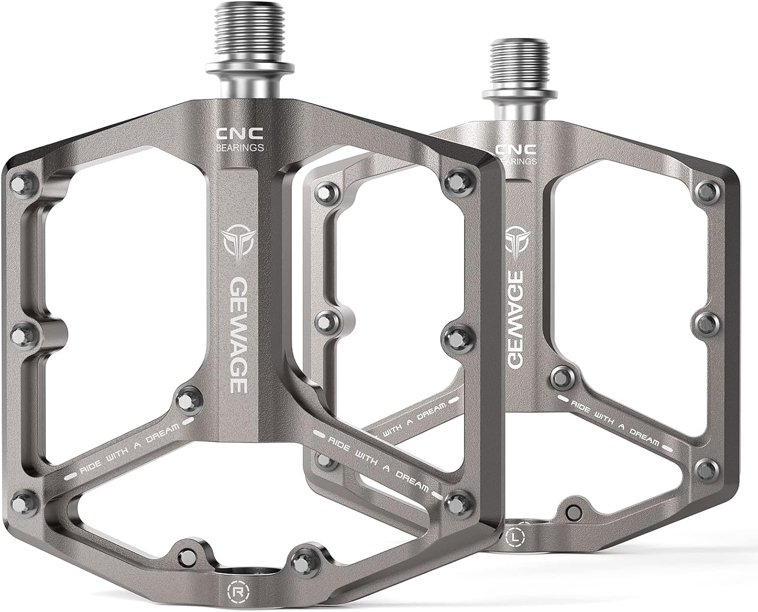Silver eBike pedals with a metallic finish, shown against a plain background.
