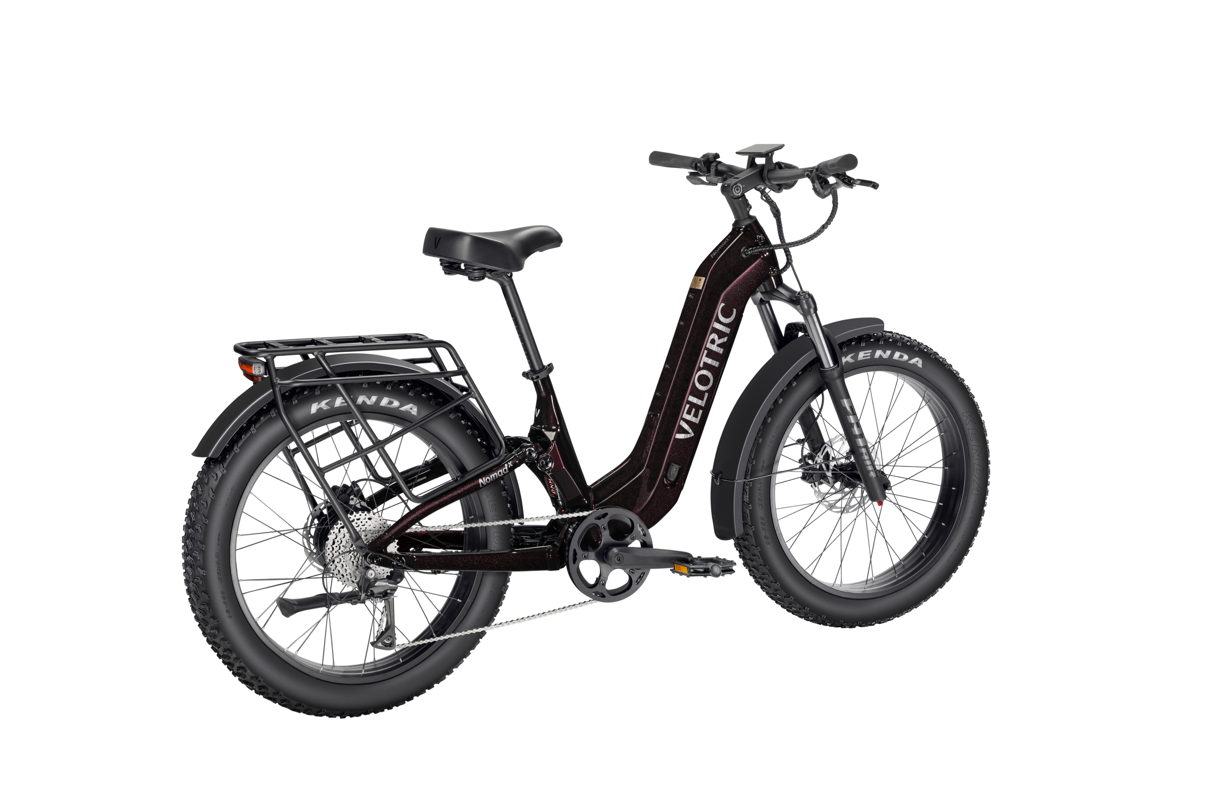 Side view of the Velotric Nomad 2X Step-Thru eBike in a studio setting, showcasing its frame design, battery placement, and wide tires.