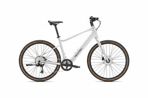 Velotric Tempo High Step eBike in Lightening Silver, side view, isolated on white background