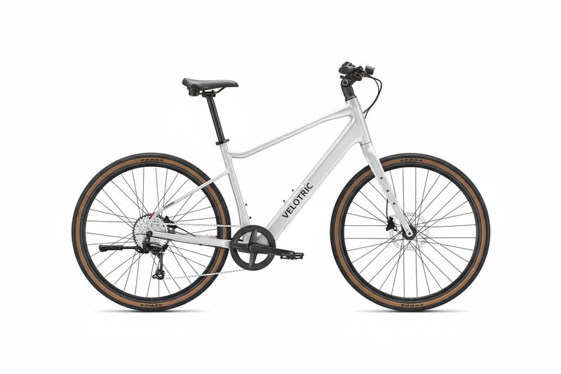 Velotric Tempo High Step eBike in Lightening Silver, side view, isolated on white background