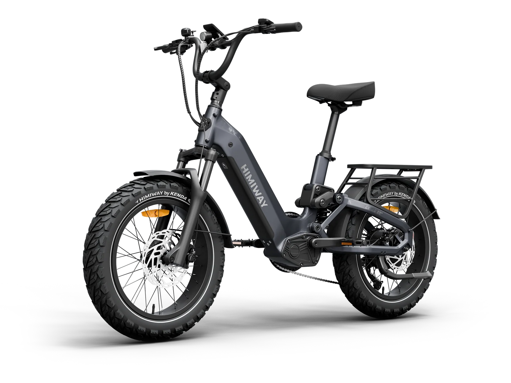 Side view of the Himiway D5 2.0 eBike in space grey, showing 20-inch wheels, step-through frame, and battery mounted on the downtube.