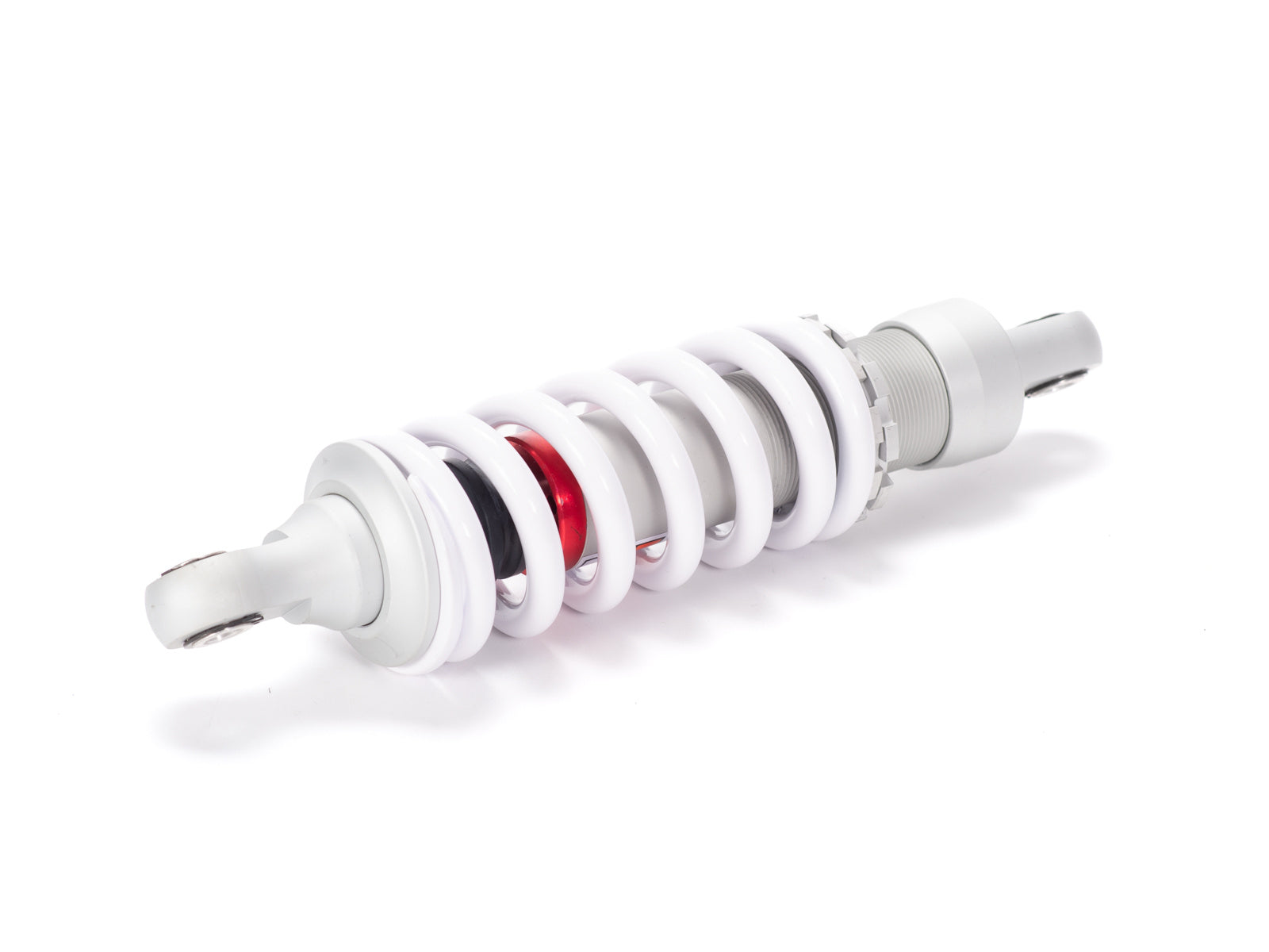 Stomp Ebox 270mm rear shock absorber, stock replacement, shown in side view with black coil spring and silver mounting ends.