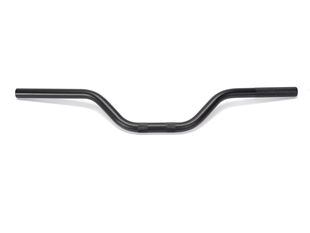 Stomp Ebox Alloy Handlebar, silver, stock product image showing straight alloy handlebar with black grips and mounting hardware.