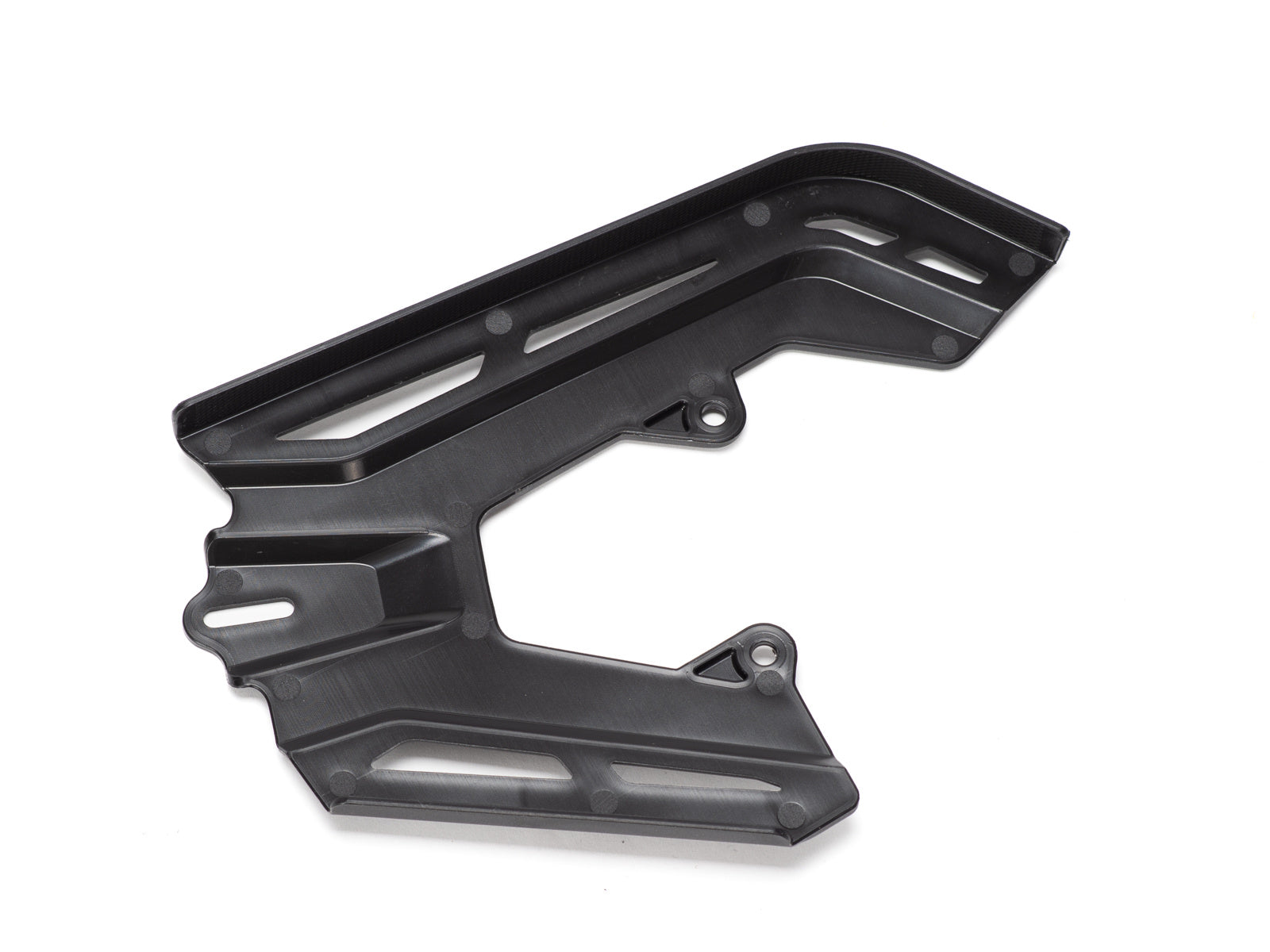 Stomp Ebox chain guard in black, side view showing mounting points and protective design.