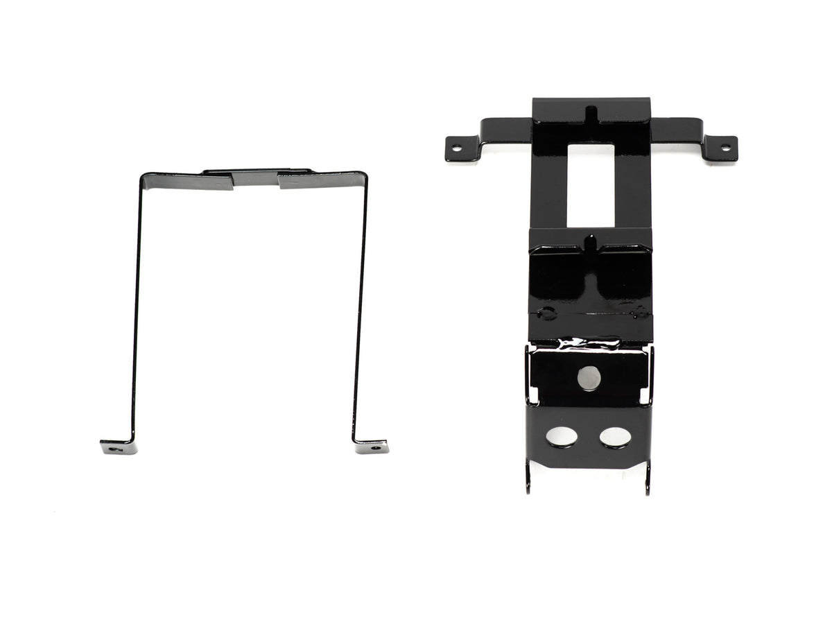 Stomp Ebox Dragster battery cradle, black metal frame with mounting holes, shown on a white background.