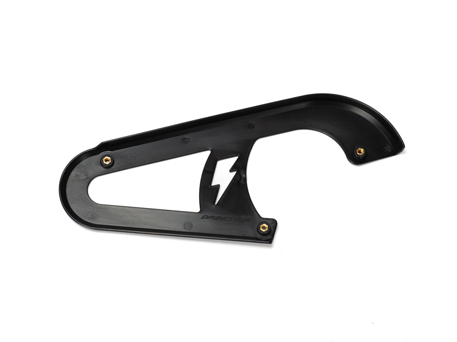 Stomp Ebox Dragster chain guard in black, side view showing mounting points and sleek design.