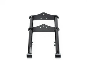 Stomp Ebox Dragster Forks, front view showing silver suspension forks with black mounting brackets and axle clamps, displayed against a white background.