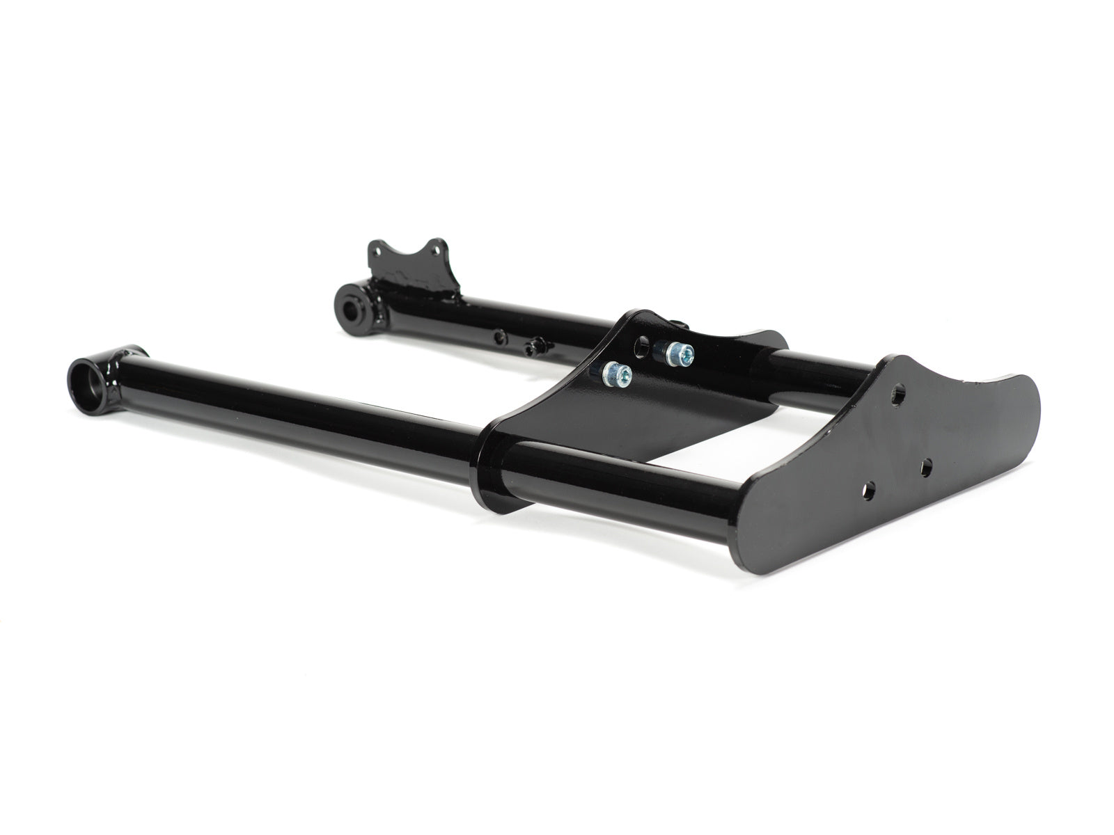 Close-up view of Stomp Ebox Dragster motorcycle forks, showing the suspension components and metallic finish.