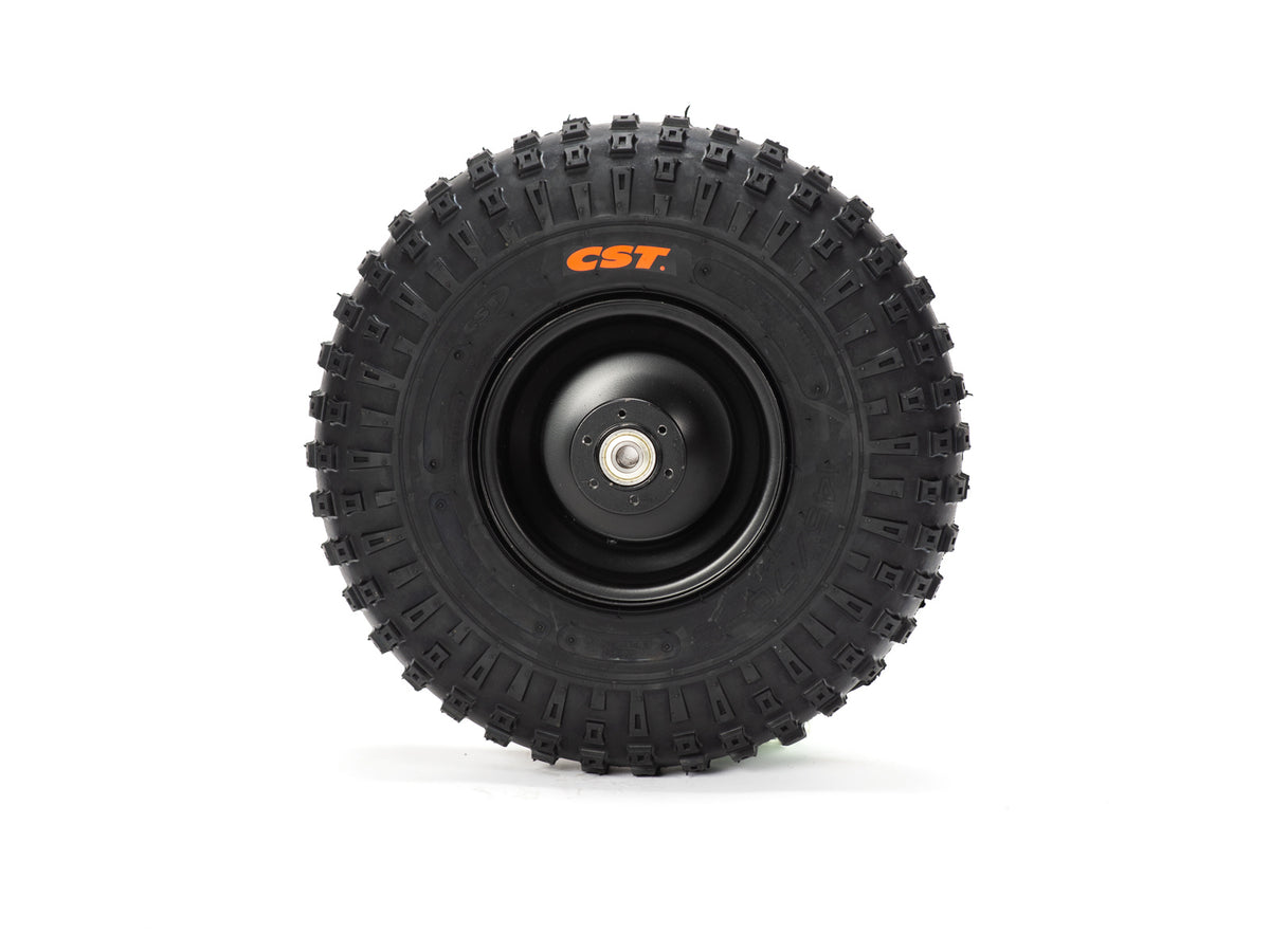 Front view of a Stomp Ebox Dragster front wheel with mounted tire, showing tread pattern and rim design.