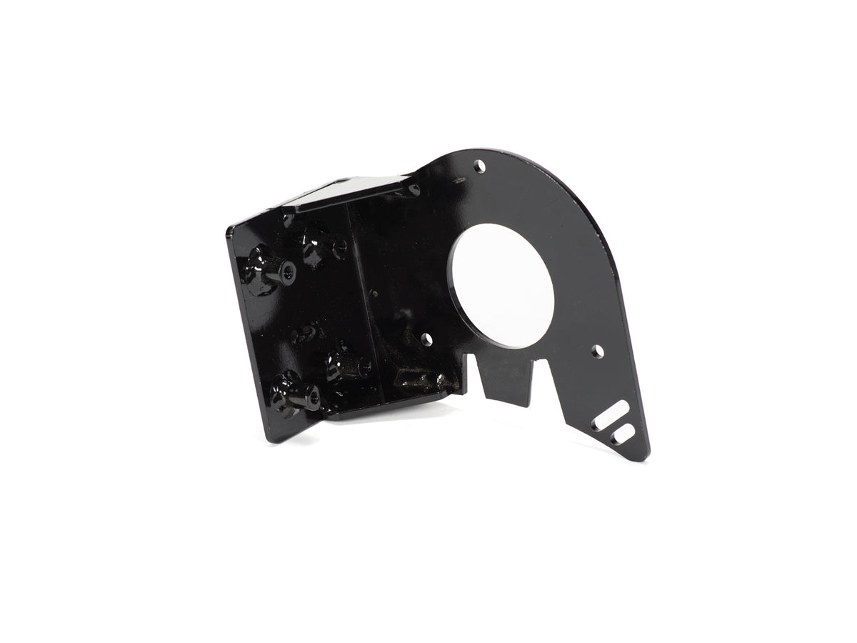 Stomp Ebox Dragster motor mount plate, angled view showing metal construction with multiple mounting holes and cutouts, placed on a white background.