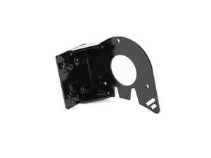Stomp Ebox Dragster motor mount plate, angled view showing metal construction with multiple mounting holes and cutouts, placed on a white background.