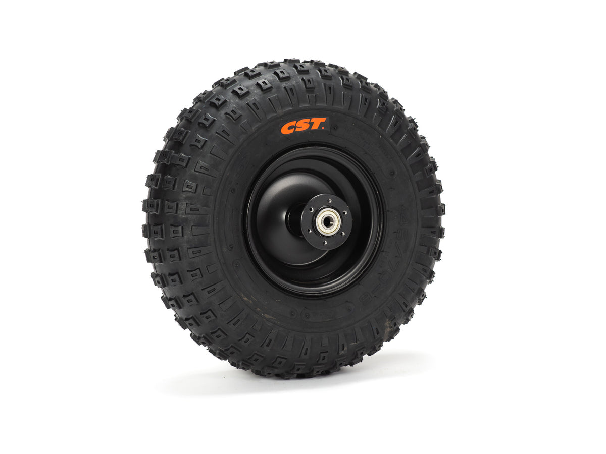 Stomp Ebox Dragster rear wheel with mounted tire, side view, showing tread pattern and alloy rim design.