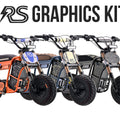 Stomp Ebox Dragster RS Graphics Kit featuring bold, angular designs in red, black, and white with dynamic patterns and the Stomp logo displayed on motocross bike panels.