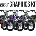 Stomp Ebox EBX 60R dirt bike with custom graphics kit, featuring bold red, black, and white design elements and logo decals on the body panels.