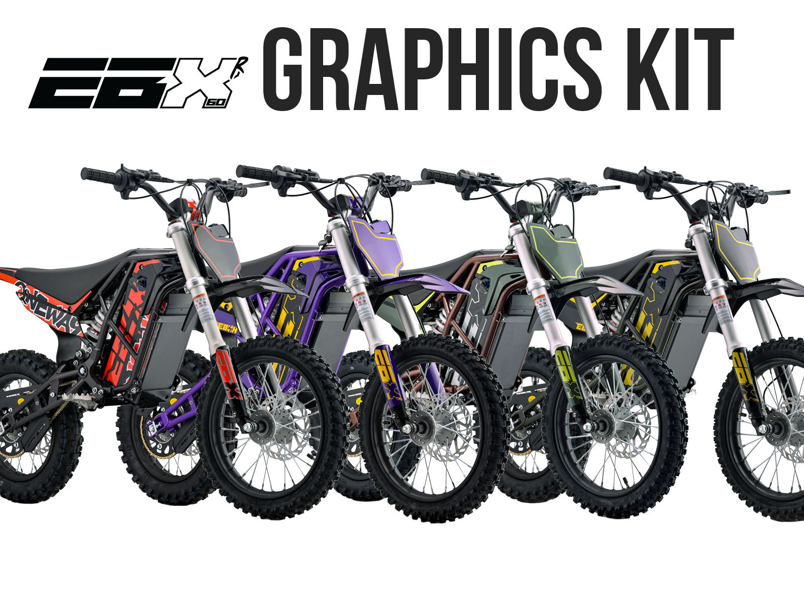 Stomp Ebox EBX 60R dirt bike with custom graphics kit, featuring bold red, black, and white design elements and logo decals on the body panels.