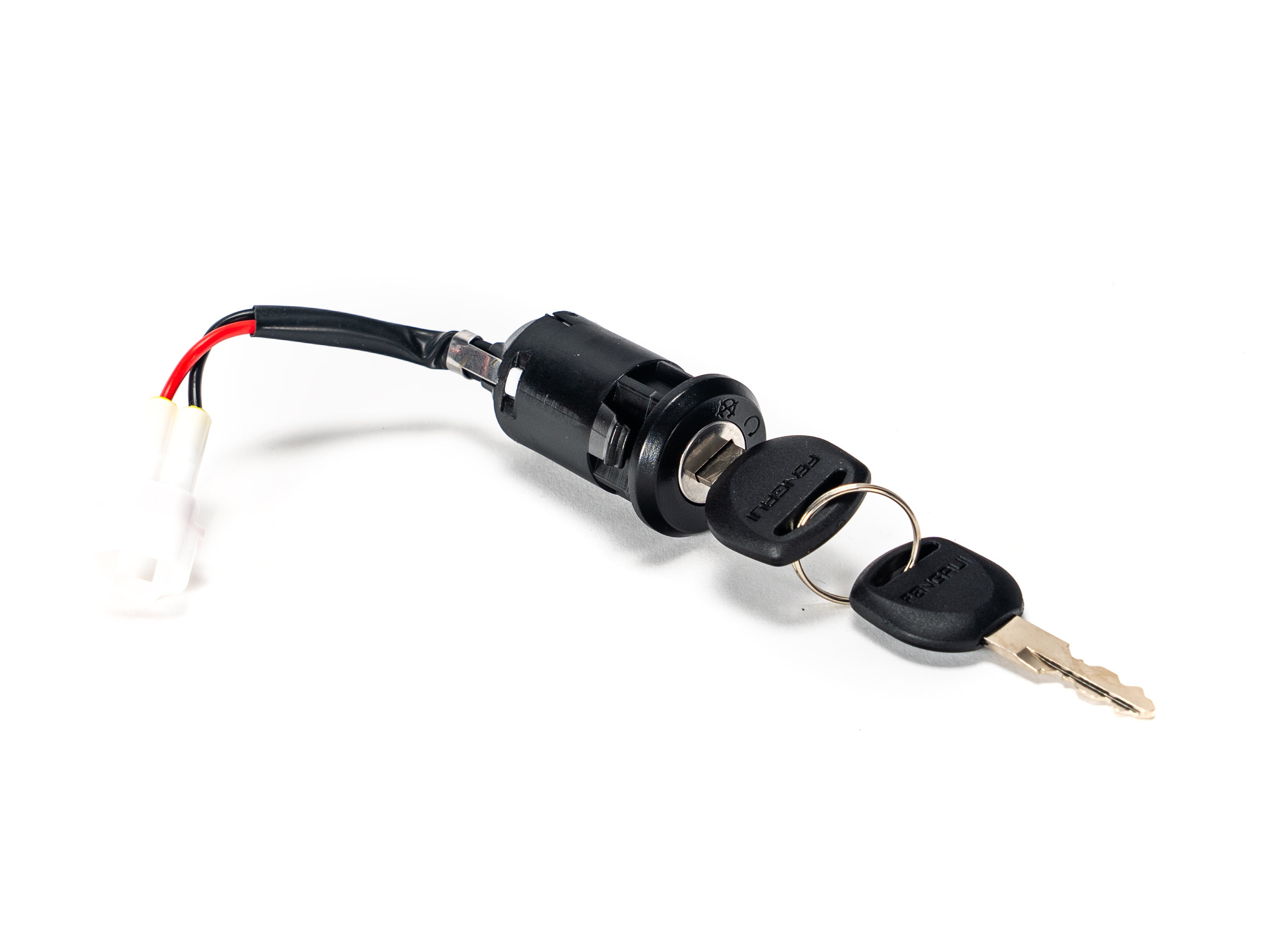 Stomp Ebox EBX ignition barrel and key set, showing the ignition barrel with attached wiring and a matching key placed beside it on a white background.