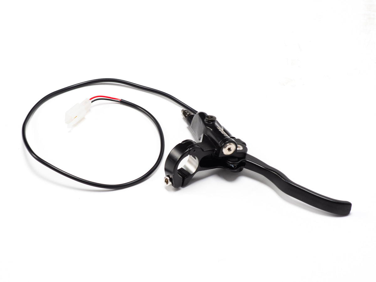 Front view of the Stomp Ebox front brake lever and master cylinder, showing the black lever attached to the silver master cylinder assembly.