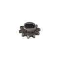 Front view of a Stomp Ebox motorcycle front sprocket, showing metal teeth and central mounting holes against a plain background.