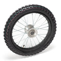 Front view of a 14-inch Stomp Ebox dirt bike front wheel with knobby tire and silver spokes.