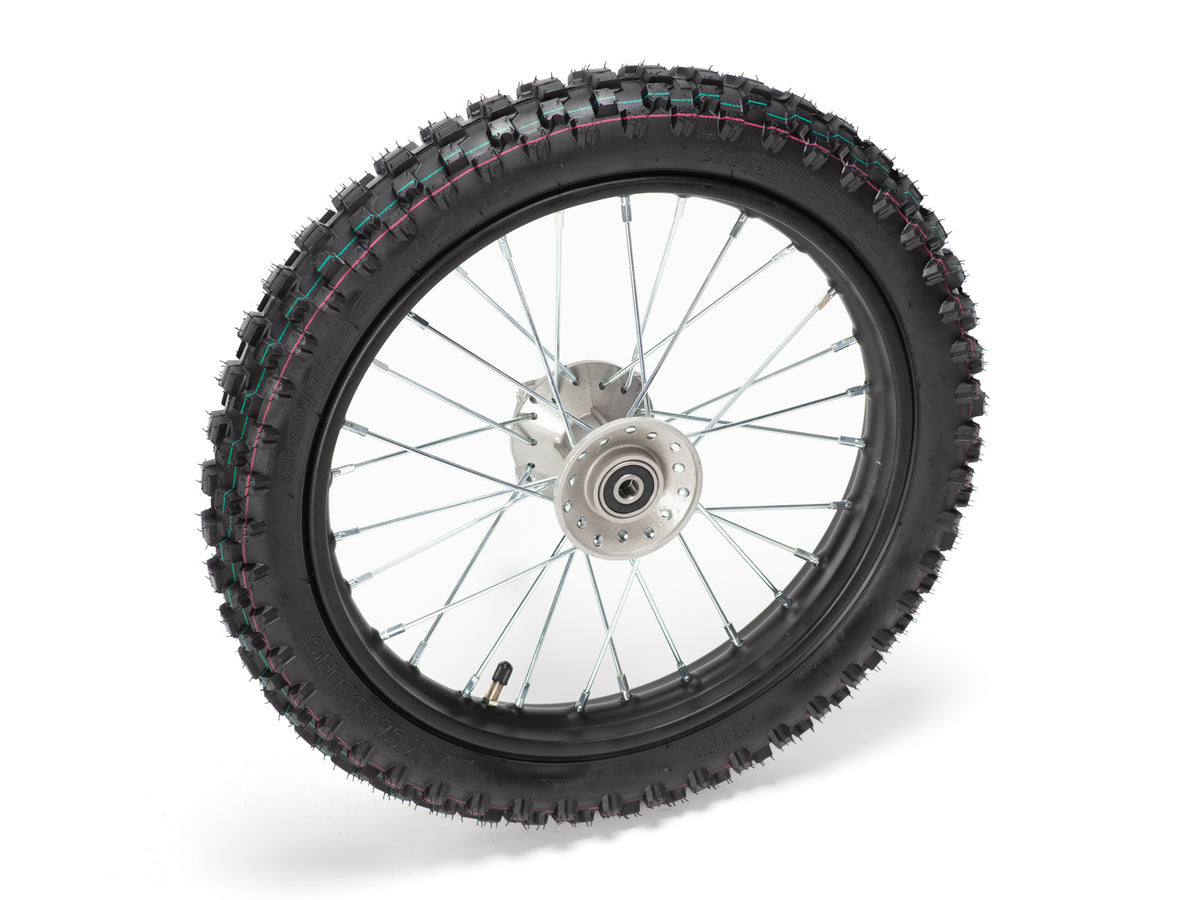 Front view of a 14-inch Stomp Ebox dirt bike front wheel with knobby tire and silver spokes.