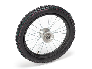 Front view of a 14-inch Stomp Ebox dirt bike front wheel with knobby tire and silver spokes.