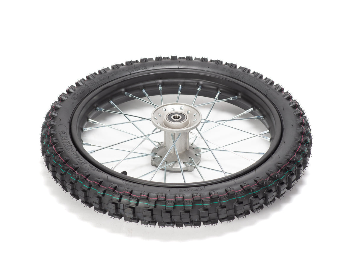 Front view of a 14-inch Stomp Ebox dirt bike front wheel with knobby tire and silver spokes.