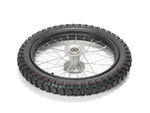 Front view of a 14-inch Stomp Ebox dirt bike front wheel with knobby tire and silver spokes.