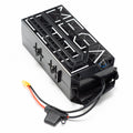 Stomp Ebox Megalith 72V Battery & Charger Kit showing a rectangular black battery pack with a digital display, power cables, and a matching charger unit placed beside it.
