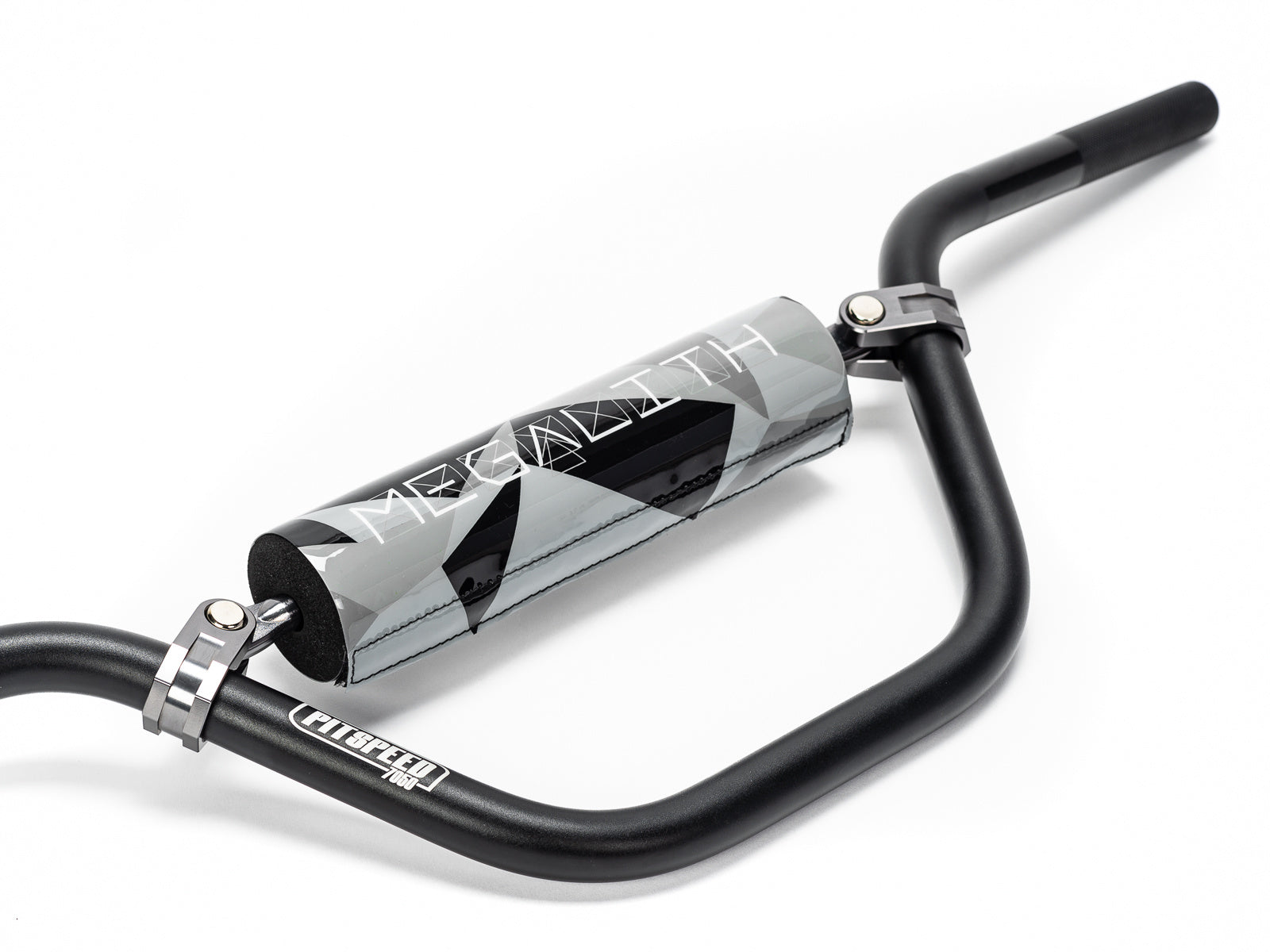 Stomp Ebox Megalith Pitspeed 7075 handlebar in black, shown from a side angle highlighting its lightweight aluminum construction and ergonomic design.