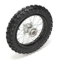 12-inch Stomp Ebox rear wheel with knobby off-road tire, black rim, and silver spokes, shown against a white background.