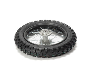 12-inch Stomp Ebox rear wheel, side view, showing black rim, silver spokes, and knobby off-road tire