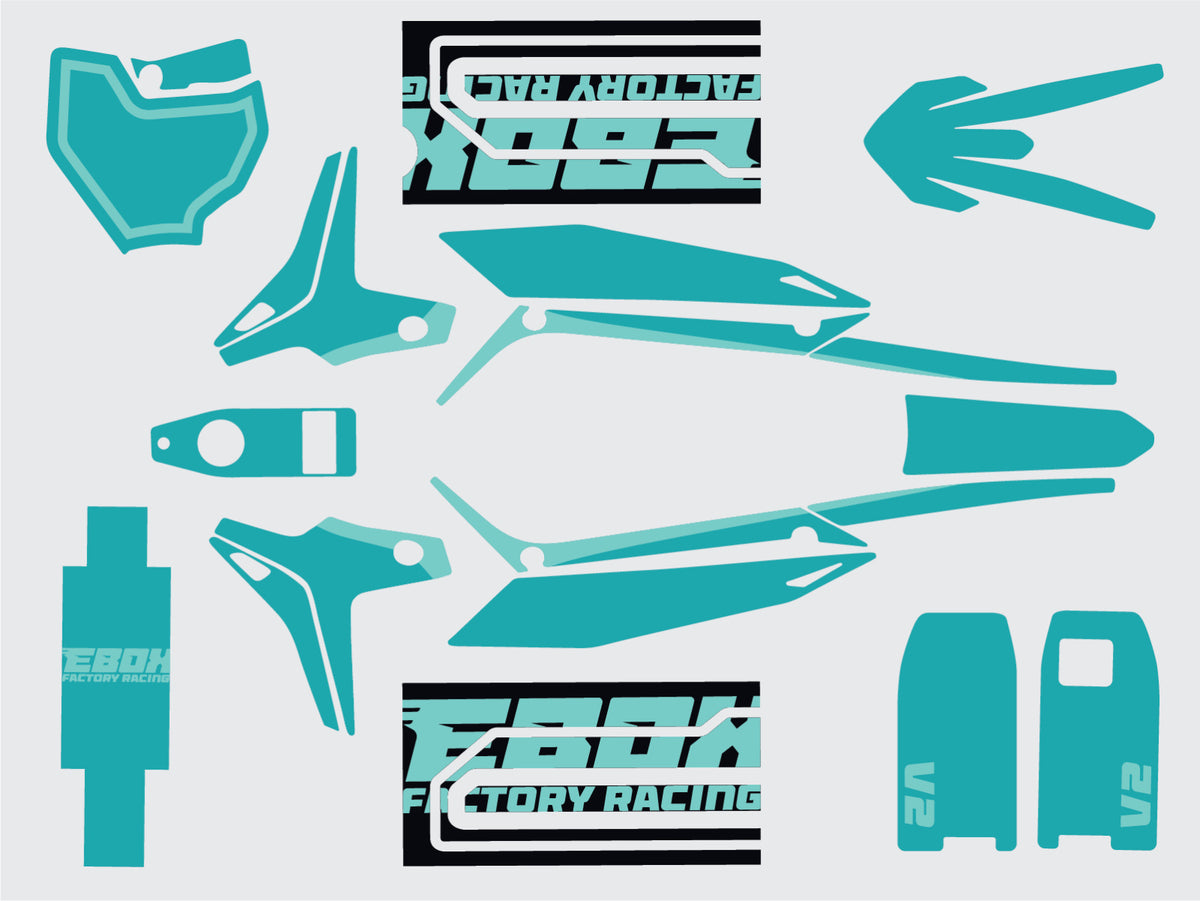 Stomp Ebox V2 Graphics Kit in teal, displayed on a white background, showing detailed decals and design elements for a dirt bike.
