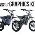 Stomp Ebox V3 72RS dirt bike with custom graphics kit, featuring bold red, black, and white design elements on the body panels, photographed from a side angle.
