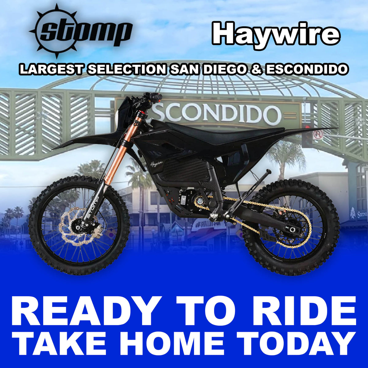 Stomp Haywire eMOTO Black R2R electric dirt bike, side view, black frame, rugged tires, modern design
