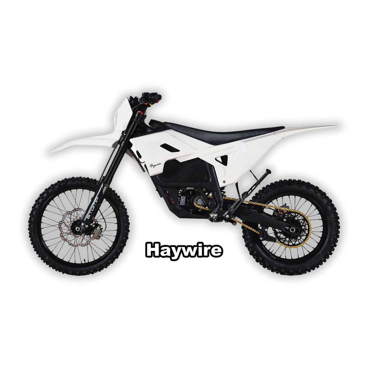 White box packaging for Stomp Haywire eMOTO electric bike, featuring product branding and specifications.