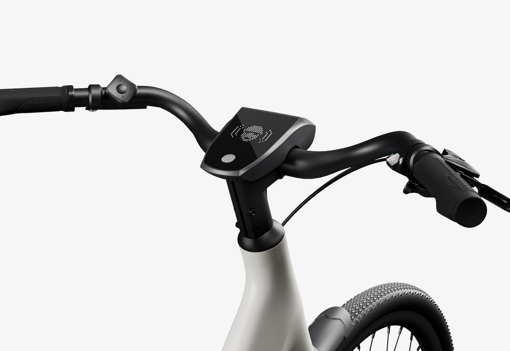 Side view of the Urtopia Carbon 1 Step Thru eBike in a modern setting, showcasing its lightweight carbon frame, step-through design, and integrated display.