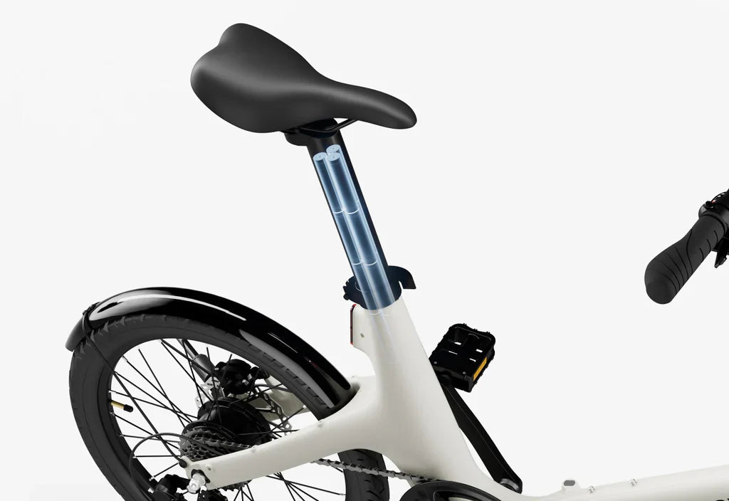 Side view of the Urtopia Carbon Fold Step Thru eBike in a folded position, showcasing its compact design and lightweight carbon fiber frame.