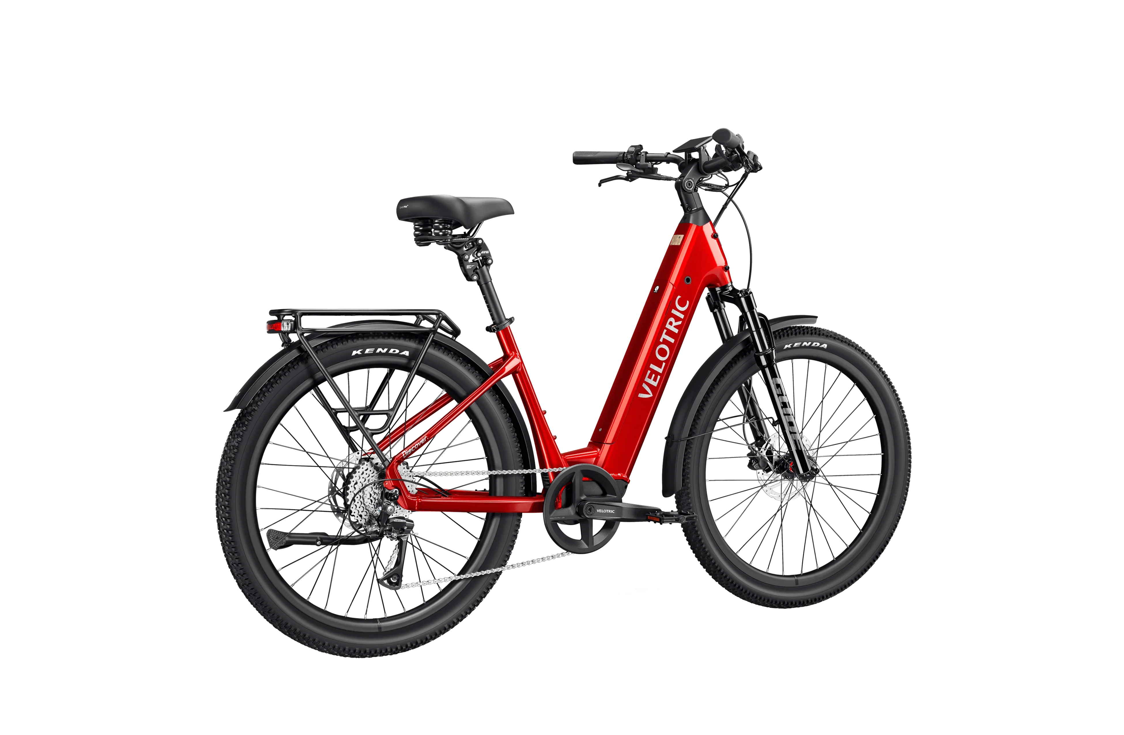 Side view of the Velotric Discover 3 eBike in white, showing its step-through frame, rear rack, and battery integrated into the downtube.