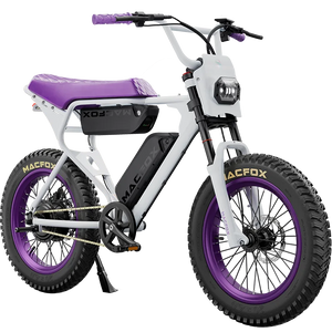 Side view of the Macfox X1S eBike with dual batteries, showcasing its sleek black frame, thick tires, and Bs.zay branding.