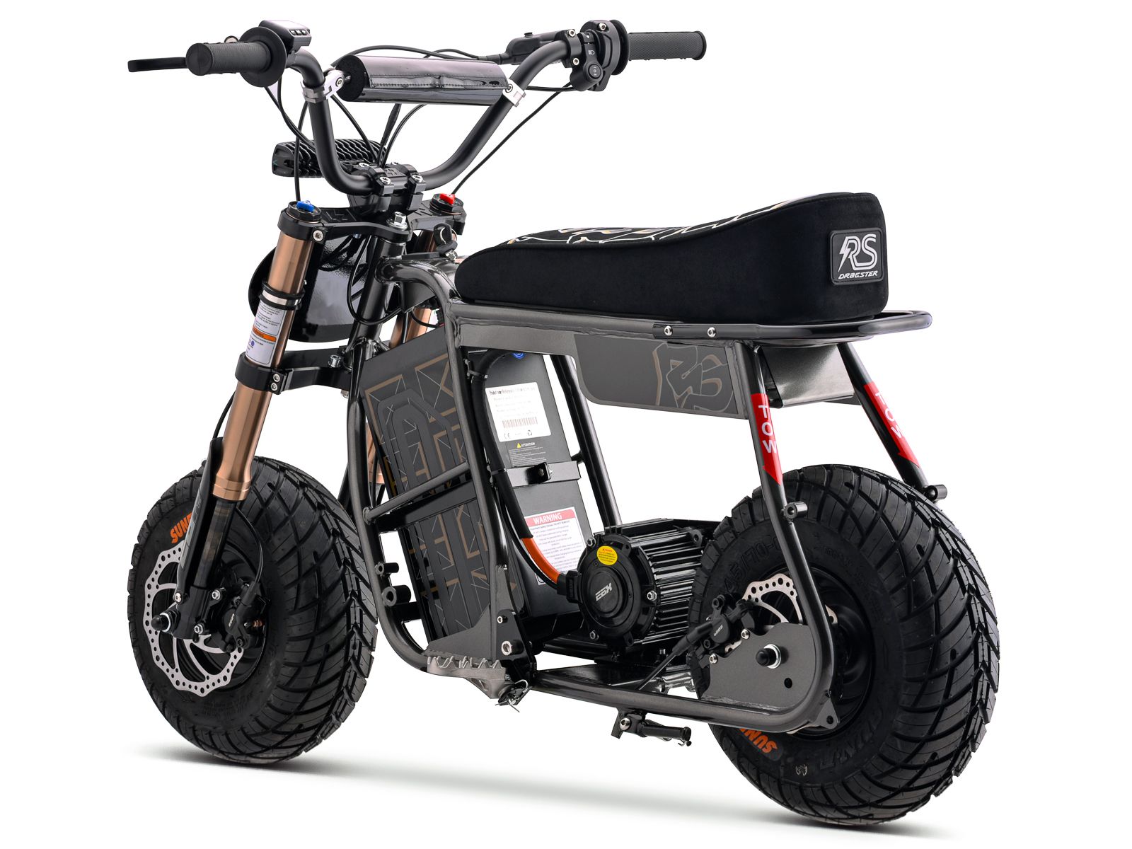 Side view of the eMOTO Stomp Ebox Dragster RS electric dirt bike, showcasing its rugged tires, black and red frame, and sporty design against a plain background.
