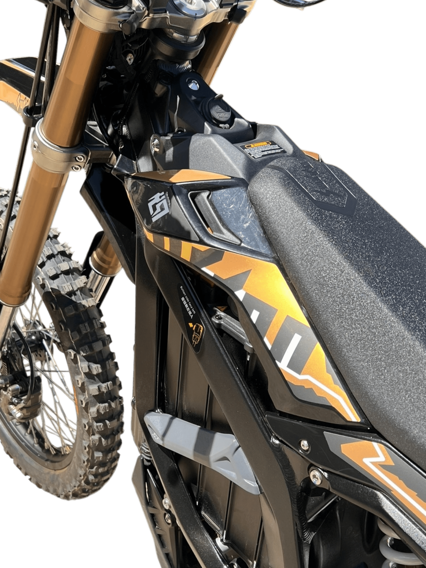 Side view of a 2025 Surron Ultra Bee 21kW electric dirt bike in black and yellow, displayed on a white background.