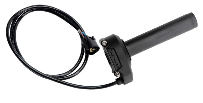 Close-up view of the Surron LBX OEM throttle replacement, showing the throttle assembly with attached wiring and connectors on a white background.