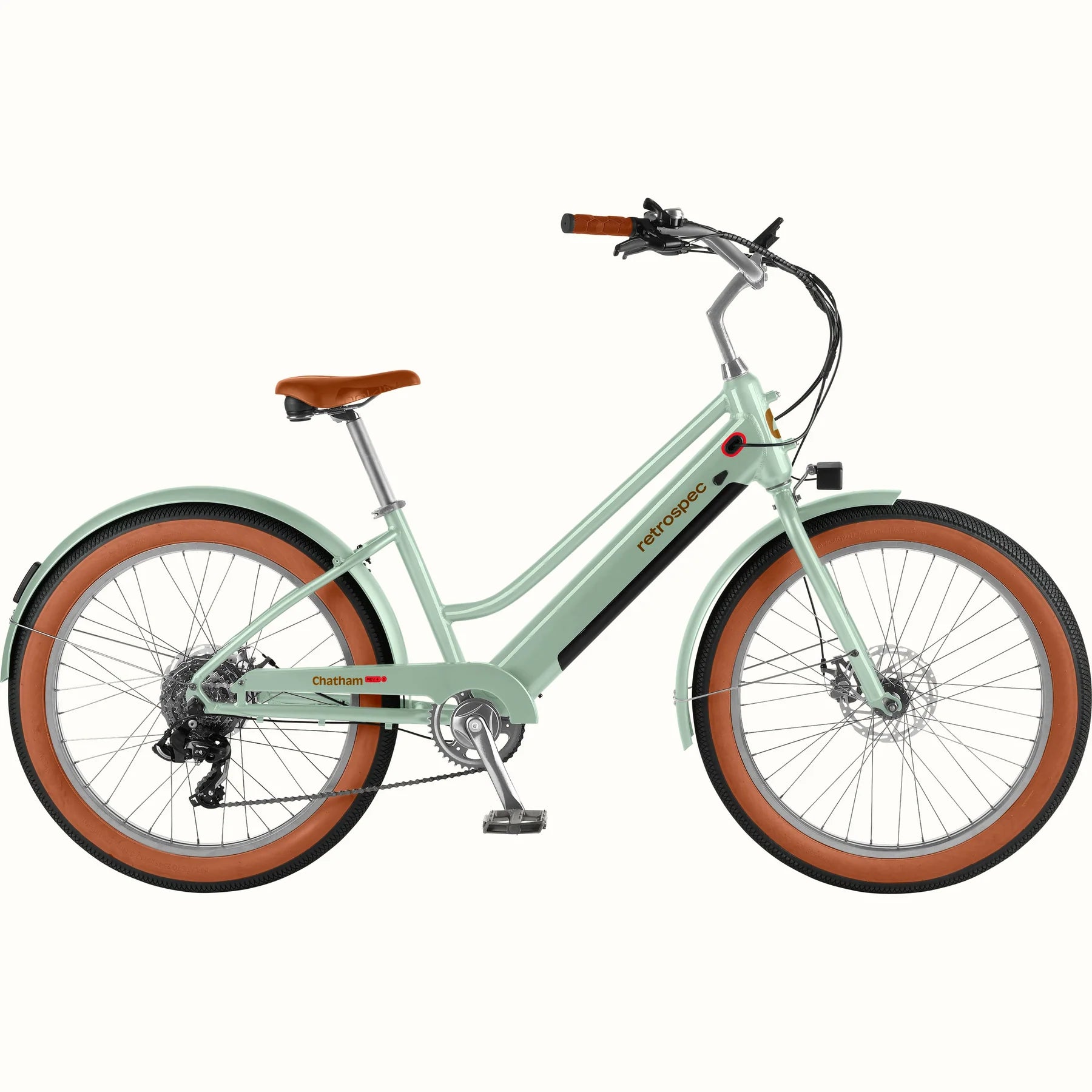 Retrospec Chatham Rev Plus 2 eBike in Matcha color, step-through frame, side view