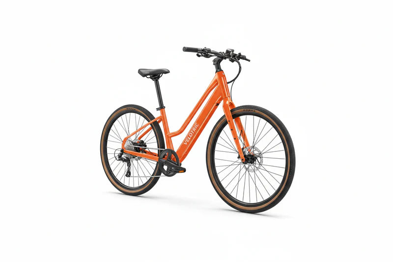 Velotric Tempo eBike in Sunset Tangerine color, mid-step frame, side view product image