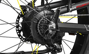 Freesky Warrior Ultra M-530 electric bike, side view, black frame with orange accents, fat tires, front suspension, and rear rack, displayed on a white background.