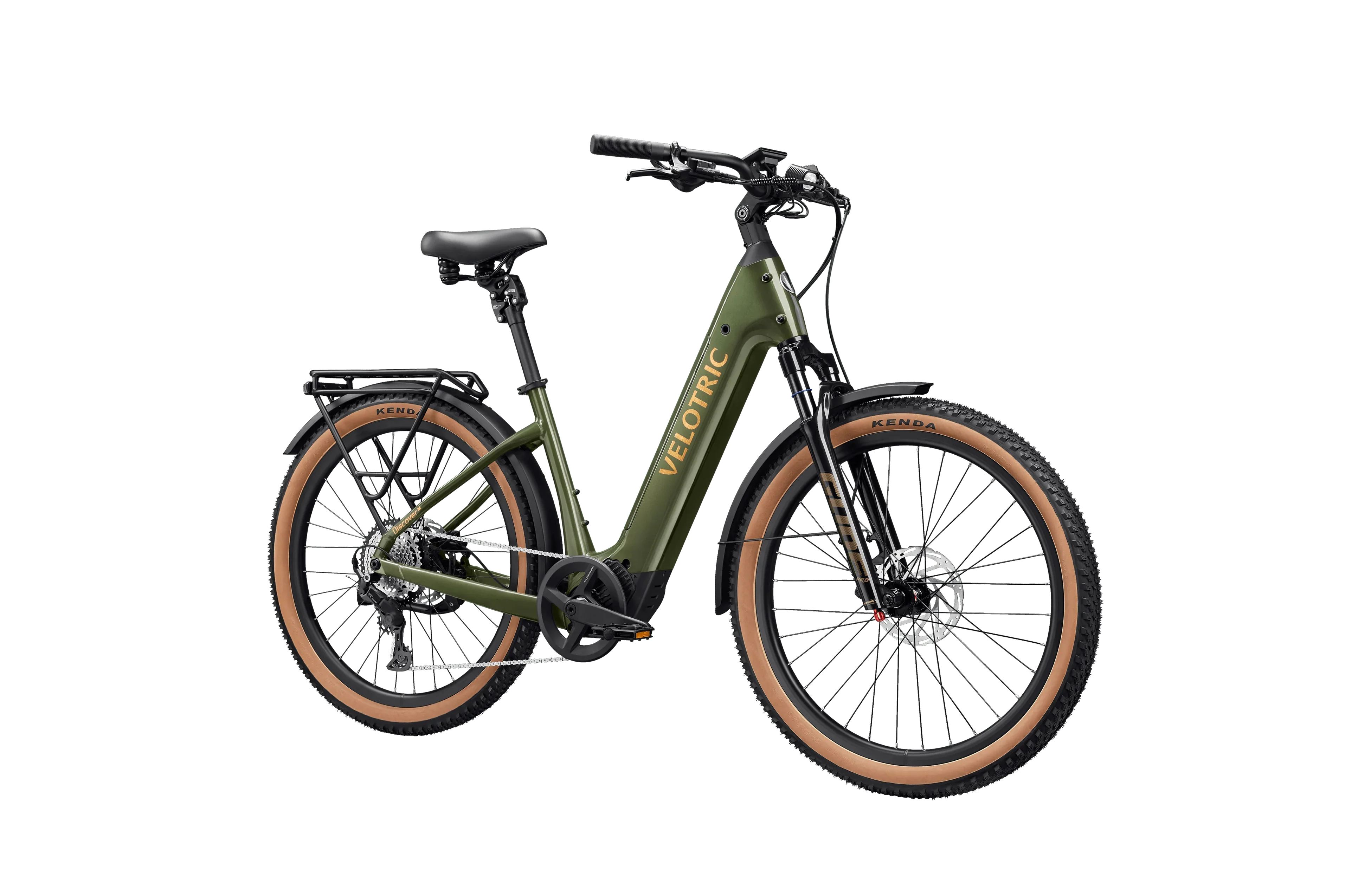 Side view of a Velotric Discover M eBike in matte black, showing its step-through frame, rear rack, and front suspension fork.