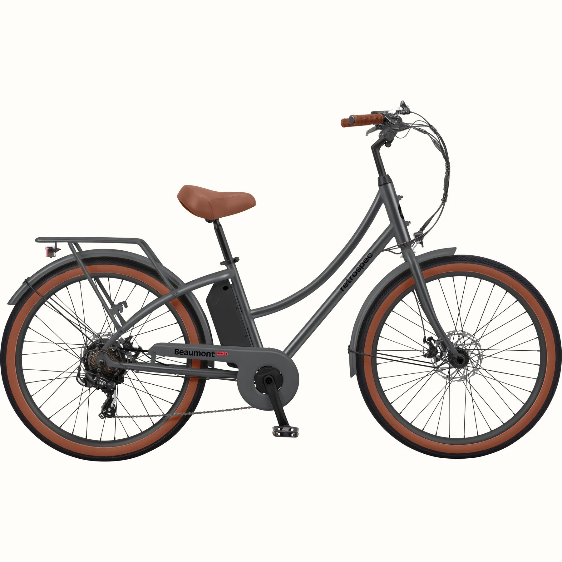 Matte graphite Retrospec Beaumont Rev 3 electric bike, side view, against a plain background