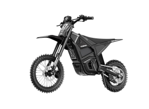 Side view of the eMOTO Yozma IN 10 electric scooter in a showroom, showcasing its sleek black frame, wide tires, and modern design features.