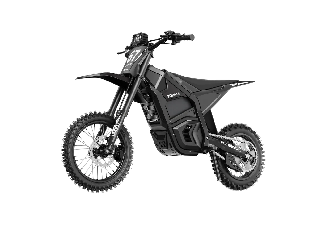 Side view of the eMOTO Yozma IN 10 electric scooter in a showroom, showcasing its sleek black frame, wide tires, and modern design features.